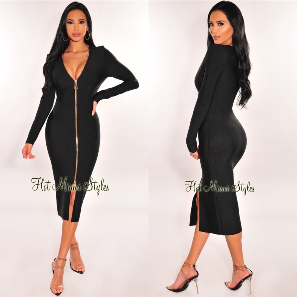 Black Bandage Zipper Slit Long Sleeve Dress Small